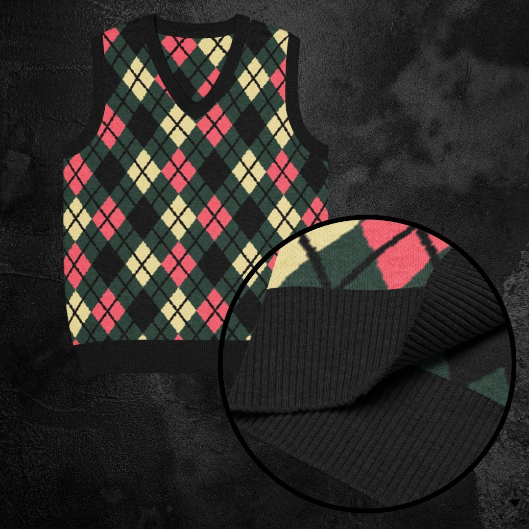 Pine and pink argyle patterned knitted sweater vest with close-up on texture against a dark background