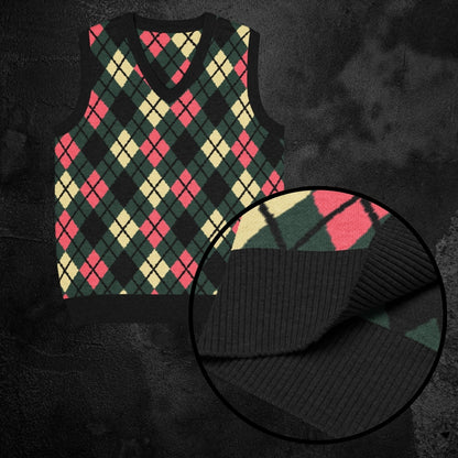 Pine and pink argyle patterned knitted sweater vest with close-up on texture against a dark background