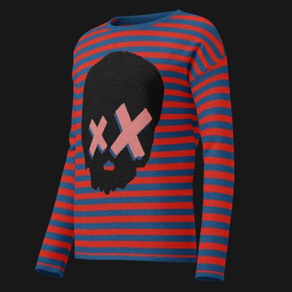 Red and blue striped sweater with a large x-eyed skull design