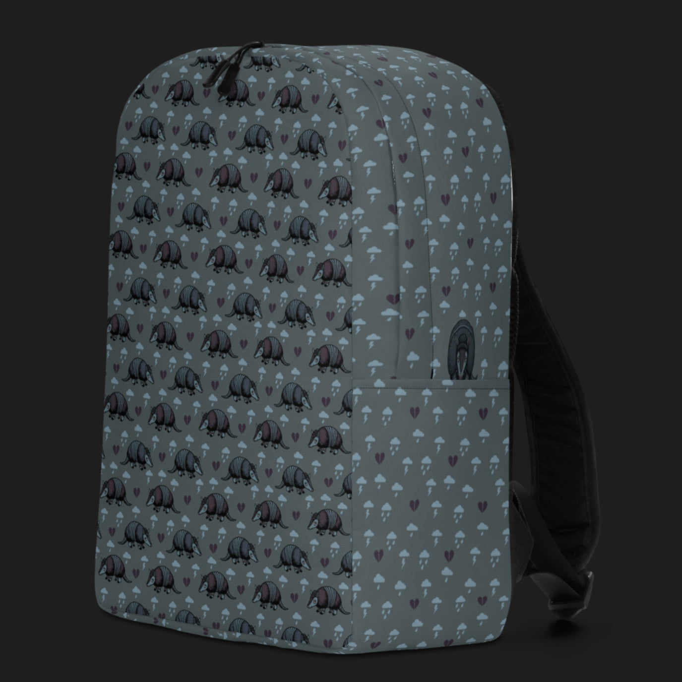 an emo armadillo patterned backpack with broken hearts and storm clouds in storm grey shades