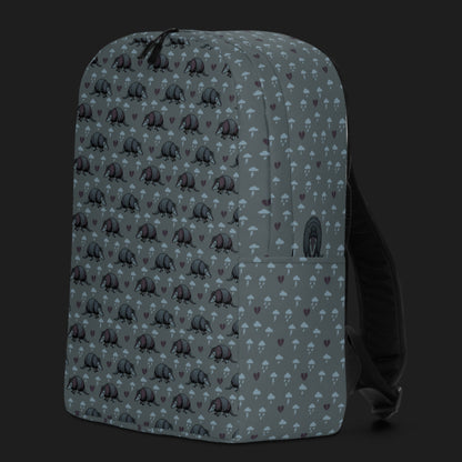 an emo armadillo patterned backpack with broken hearts and storm clouds in storm grey shades