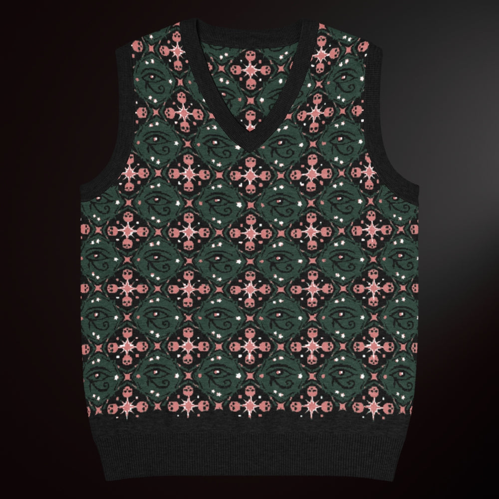 A knit vest with a mysterious eye and skulls pattern in pine green and pink