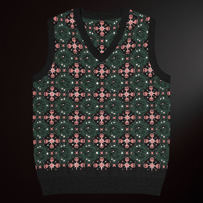 A knit vest with a mysterious eye and skulls pattern in pine green and pink