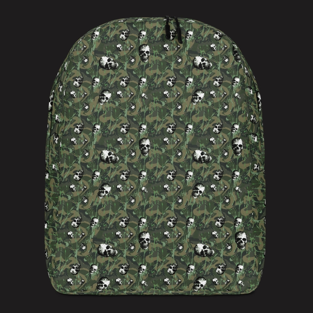 a backpack with a camo and paint and gritty skulls pattern in camo green