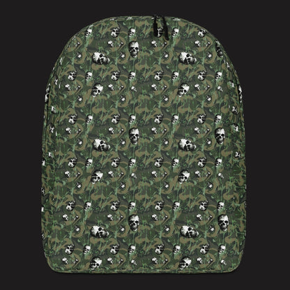 a backpack with a camo and paint and gritty skulls pattern in camo green