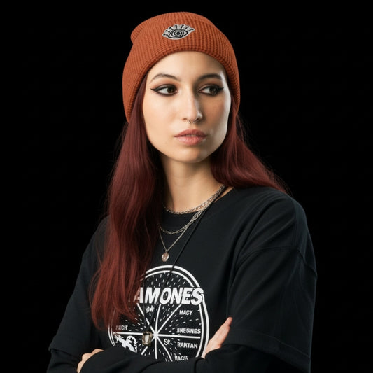 Waffle Knit Embroidered Beanie - Spiral Eye Symbol