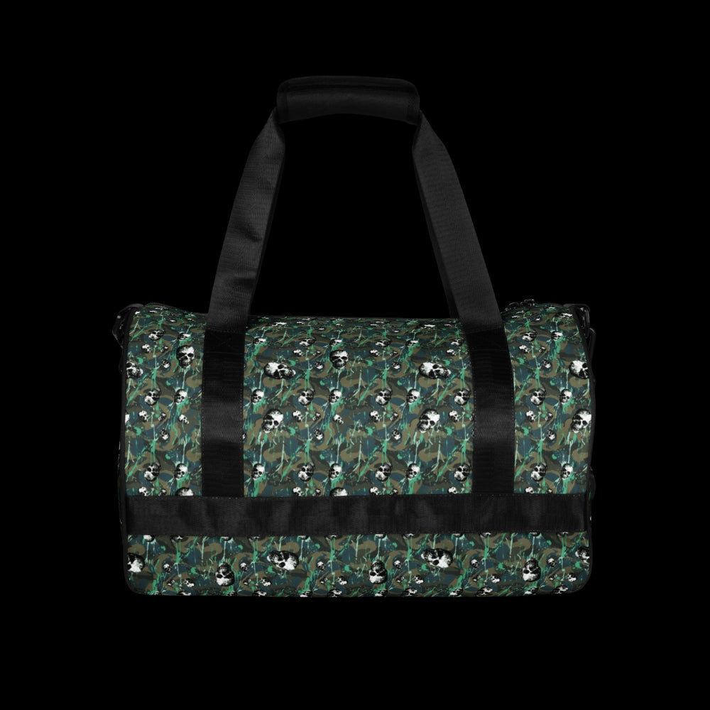 a duffel gym bag with a camo, paint splatter, and gritty skulls pattern in camo and teal shades