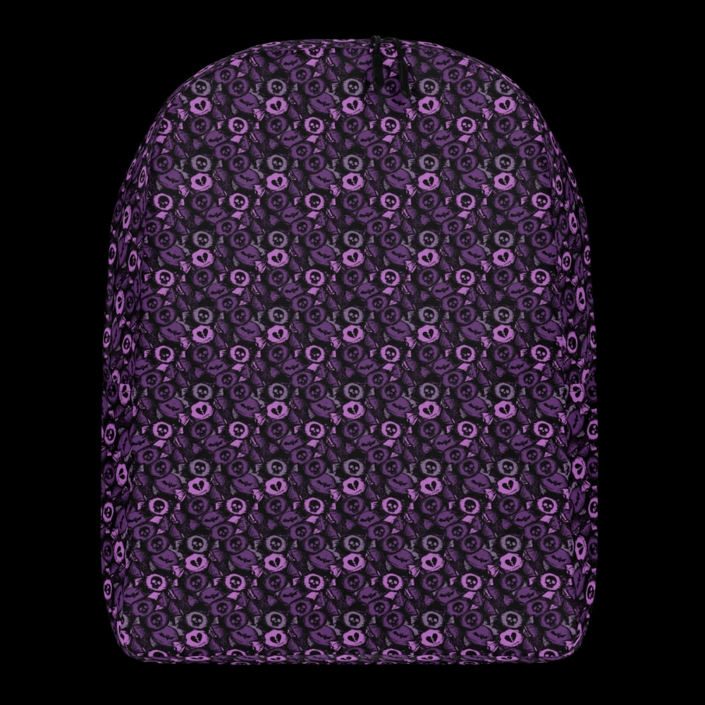 a backpack with an alt emo skull candy pattern in purple shades