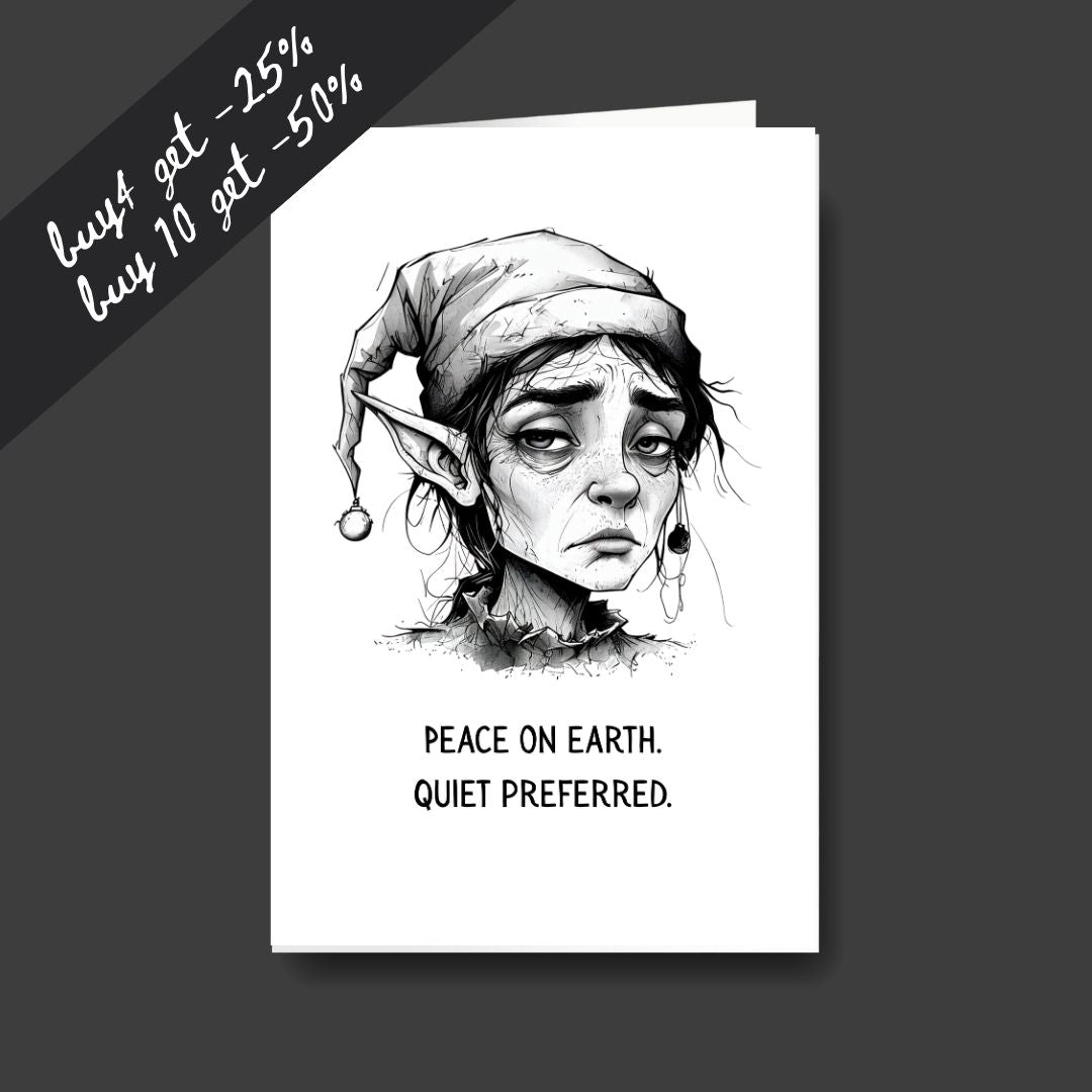 a tired elf sad Christmas greeting card
