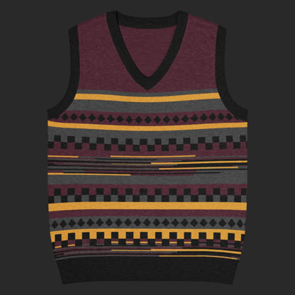 An alt style knitted vest with an irregular unexpected pattern and cool color combination of burgundy and mustard