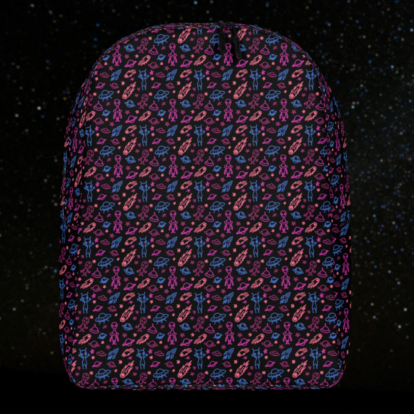 backpack with a hand drawn space pattern featuring scattered confused aliens, planets, comets, and UFOs in purple blue and pink on black. 