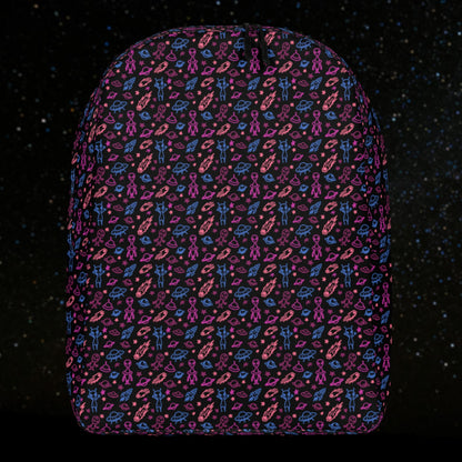 backpack with a hand drawn space pattern featuring scattered confused aliens, planets, comets, and UFOs in purple blue and pink on black. 