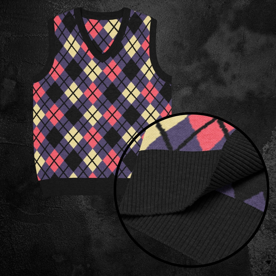 Purple and pink argyle patterned knitted sweater vest with close-up on texture against a dark background