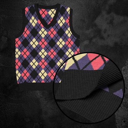 Purple and pink argyle patterned knitted sweater vest with close-up on texture against a dark background