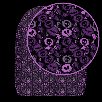 a backpack with an alt emo skull candy pattern in purple shades