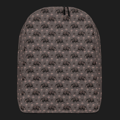 an emo armadillo patterned backpack with broken hearts and storm clouds in dusty pink and grey