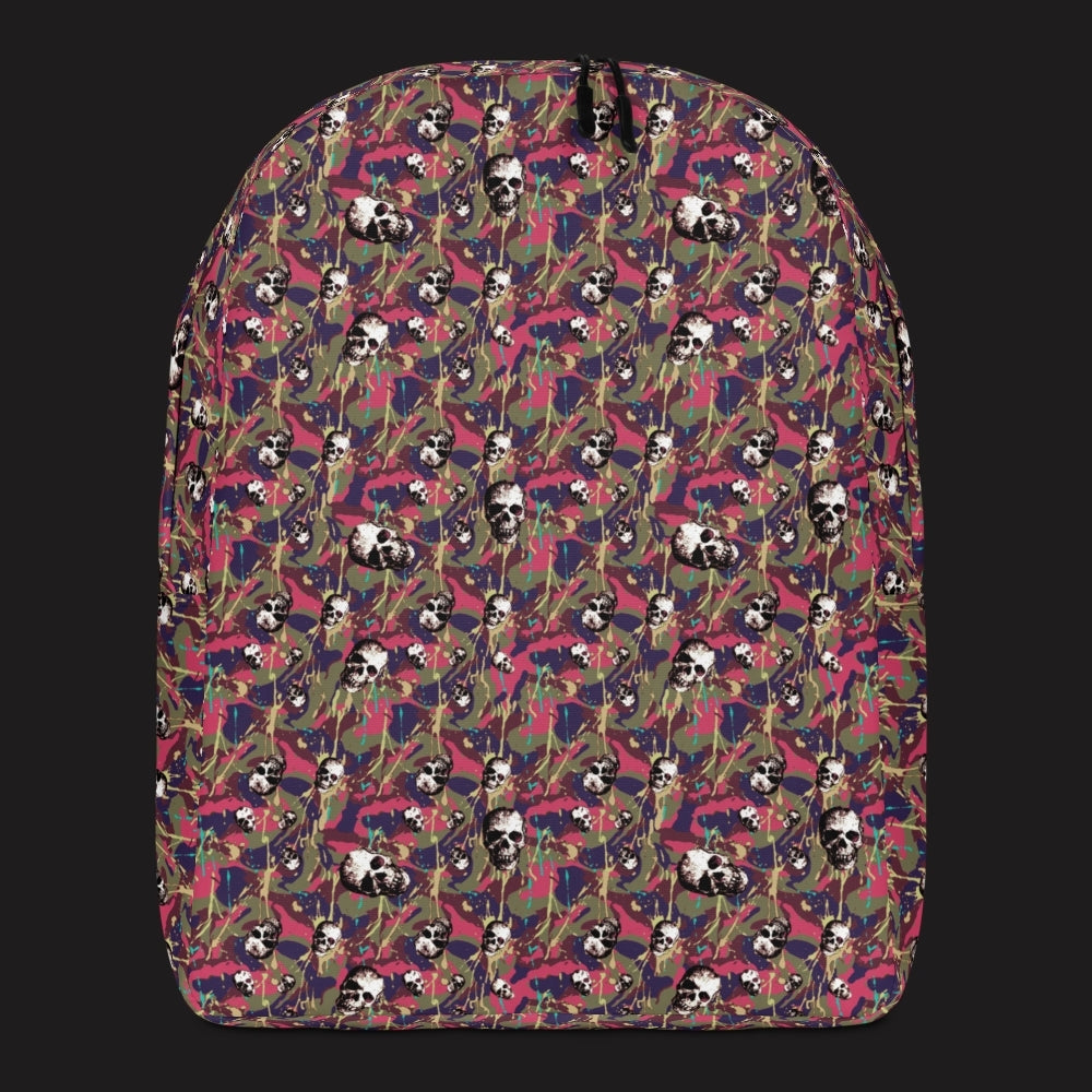 a backpack with a camo and paint and gritty skulls pattern in pink and blue brown