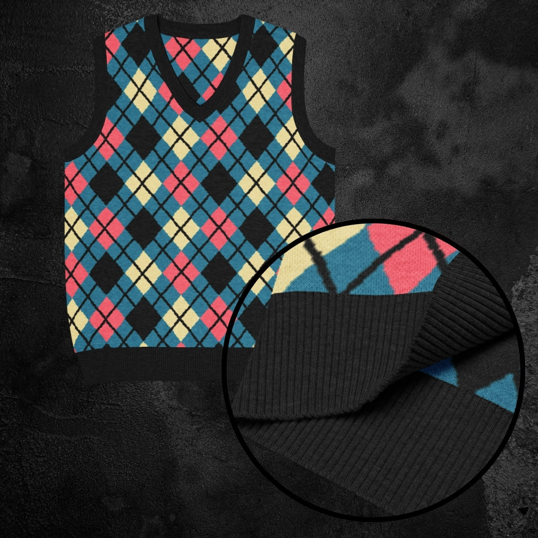 Knitted sweatshirt vest with cyan and pink argyle pattern