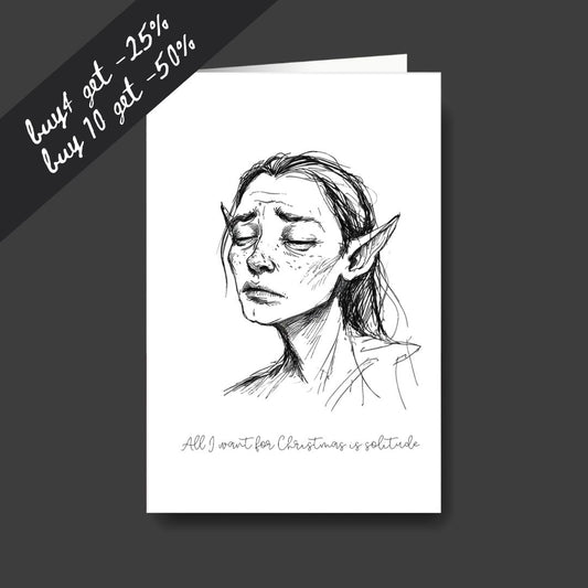 a tired elf sad Christmas greeting card