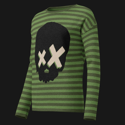 Green striped sweater with a large x-eyed skull design