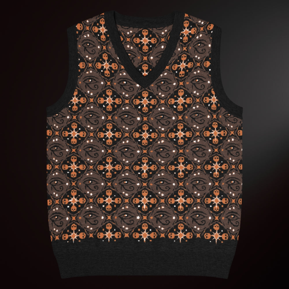 A knit vest with a mysterious eye and skulls pattern in brown and orange