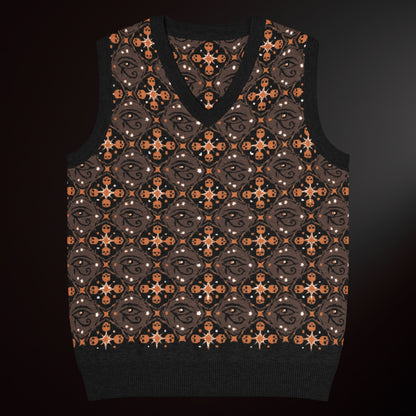 A knit vest with a mysterious eye and skulls pattern in brown and orange