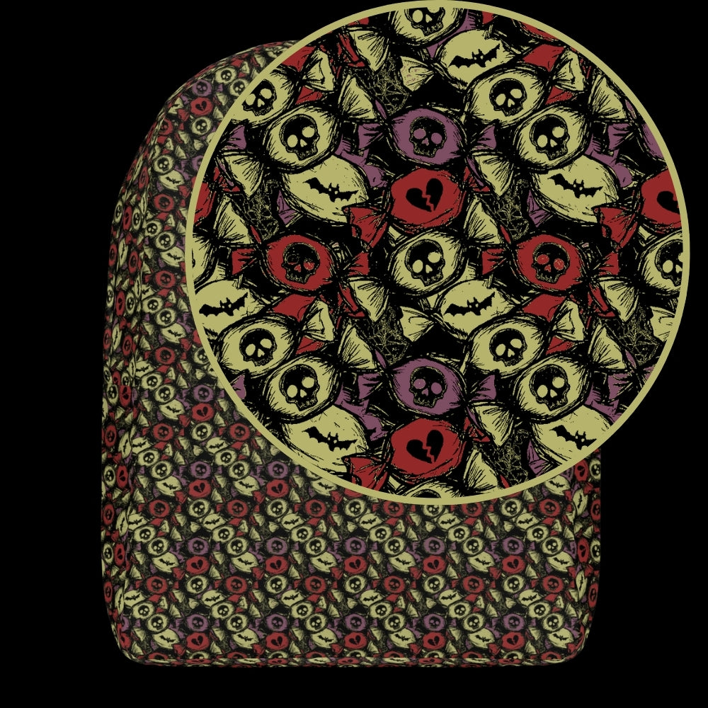 a backpack with an alt emo skull candy pattern in khaki purple and red