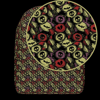 a backpack with an alt emo skull candy pattern in khaki purple and red