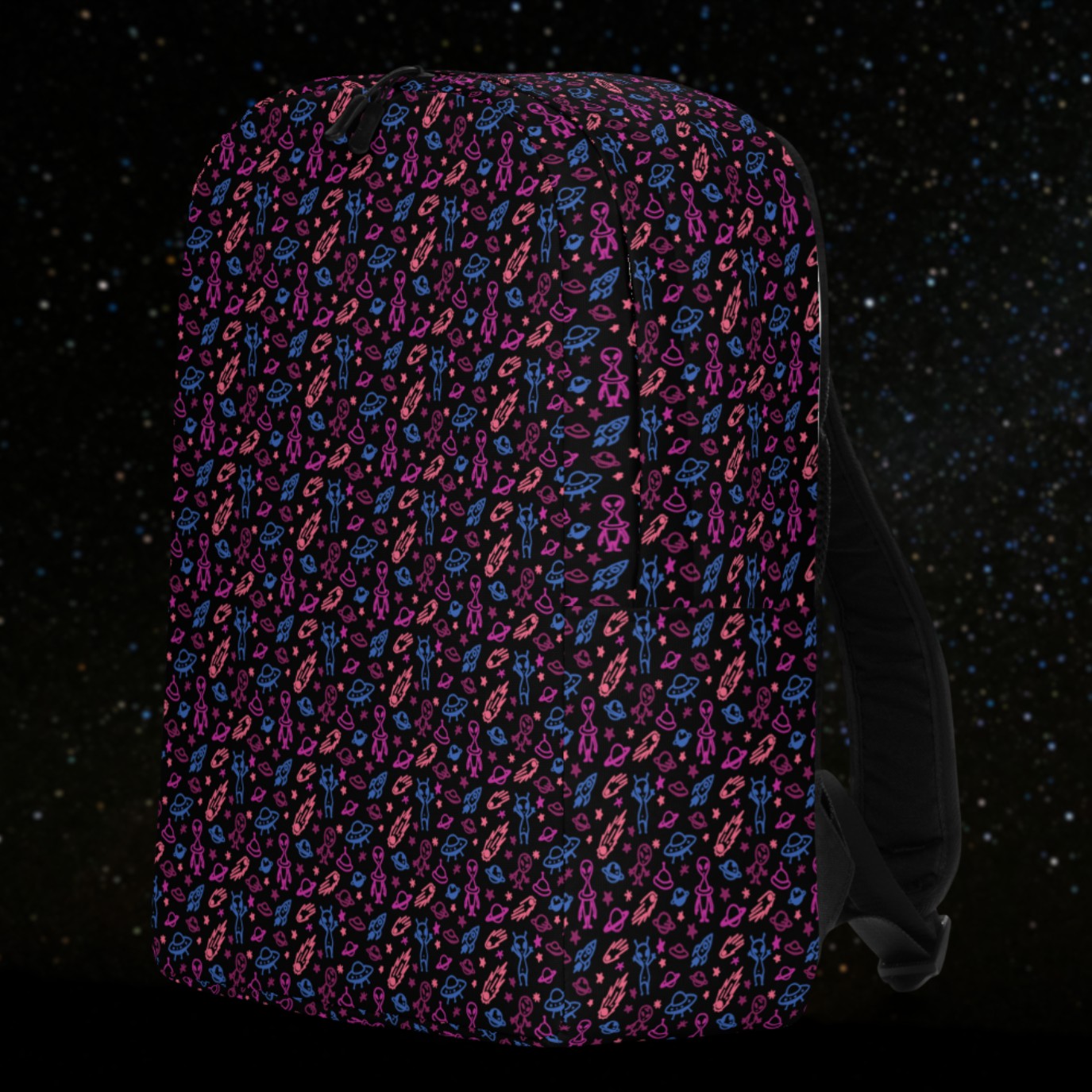 backpack with a hand drawn space pattern featuring scattered confused aliens, planets, comets, and UFOs in purple blue and pink on black. 