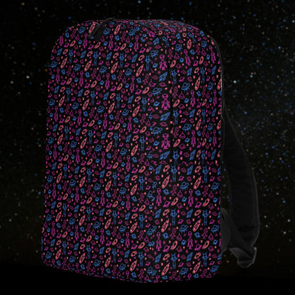 backpack with a hand drawn space pattern featuring scattered confused aliens, planets, comets, and UFOs in purple blue and pink on black. 