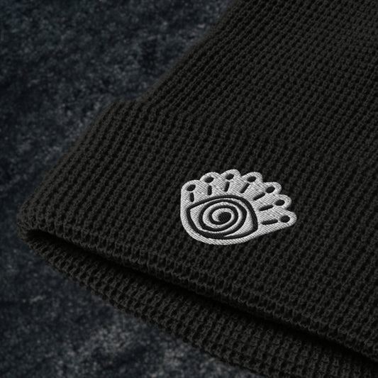 Waffle Knit Embroidered Beanie - Spiral Eye Symbol