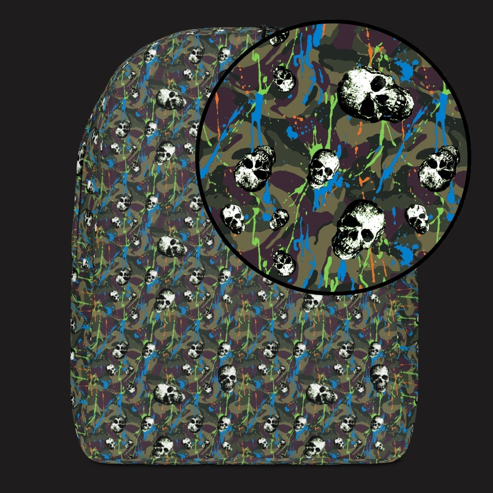 a backpack with a camo and paint and gritty skulls pattern in green and neon