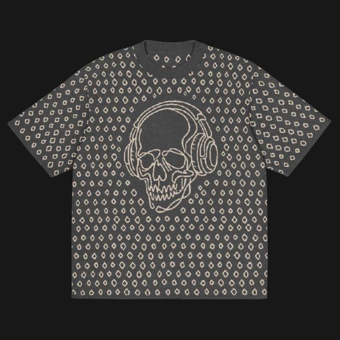A grey short sleeve knit featuring a line art skull with headphones and hand drawn diamonds
