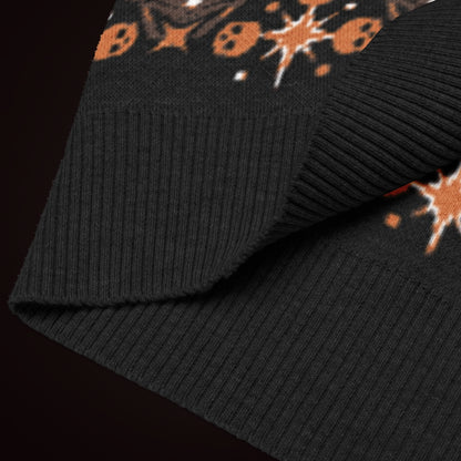 A knit vest with a mysterious eye and skulls pattern in brown and orange