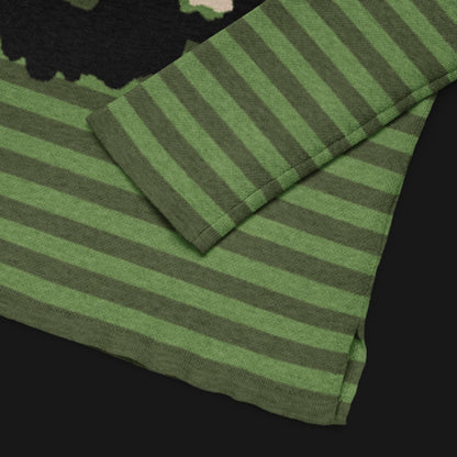 Green striped sweater with a large x-eyed skull design