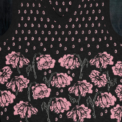 a black knitted vest with crying pink flowers and droplets