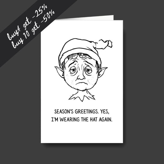 a tired elf sad Christmas greeting card