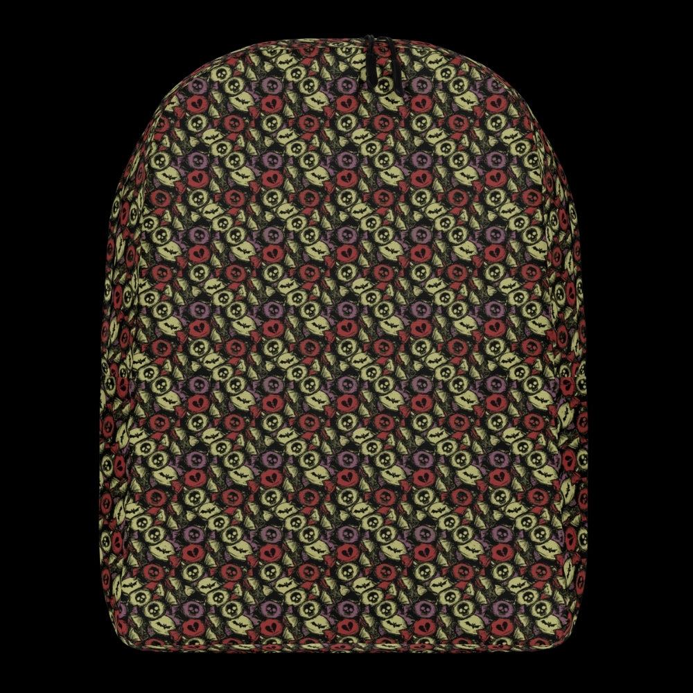 a backpack with an alt emo skull candy pattern in khaki purple and red