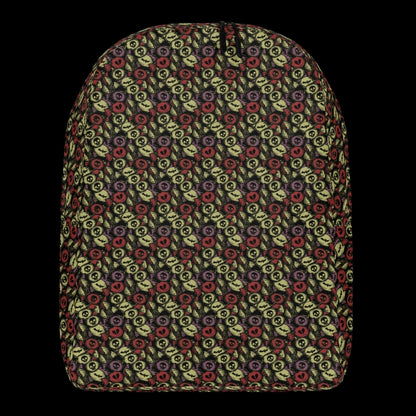 a backpack with an alt emo skull candy pattern in khaki purple and red