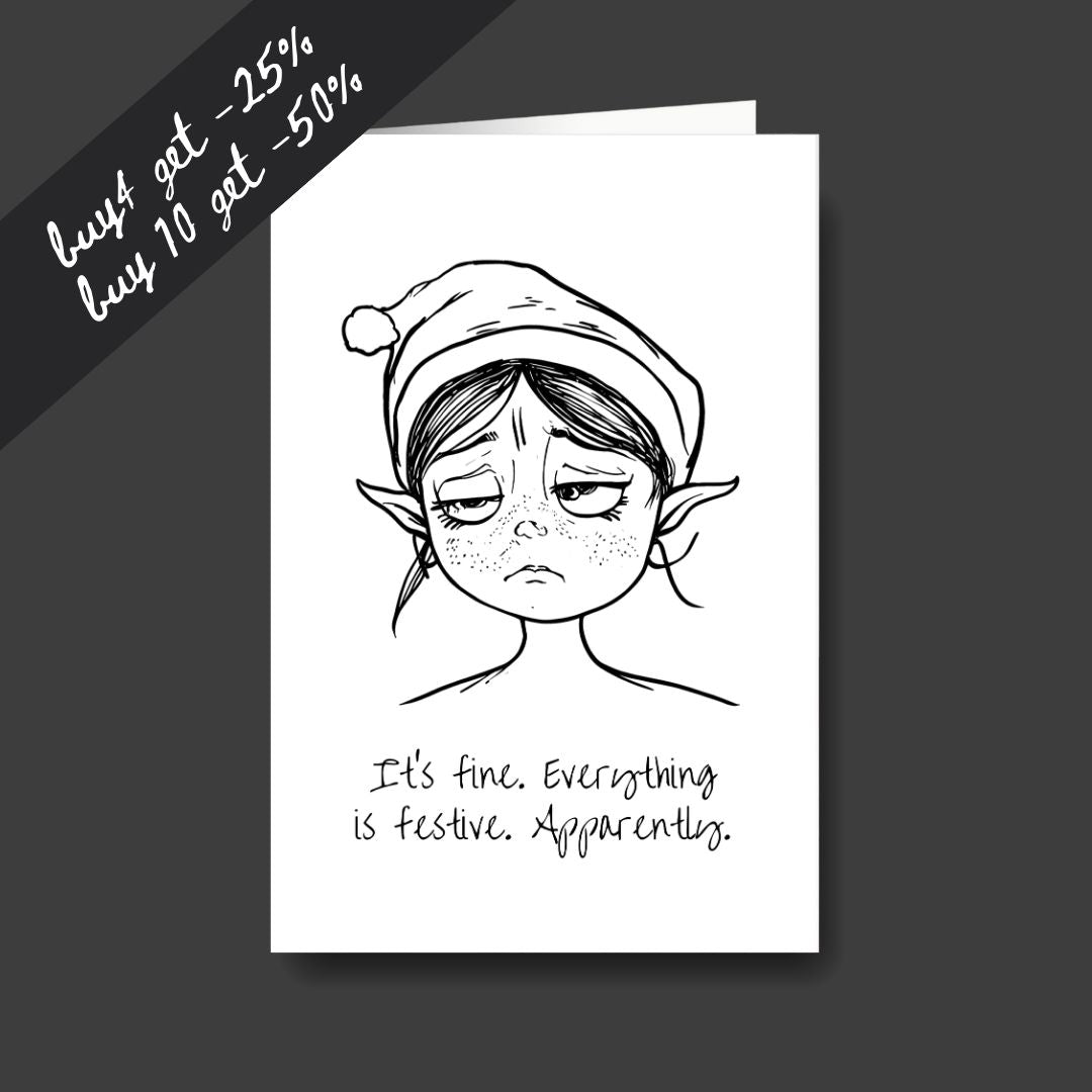 a tired elf sad Christmas greeting card