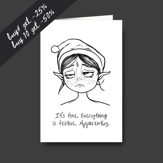 a tired elf sad Christmas greeting card