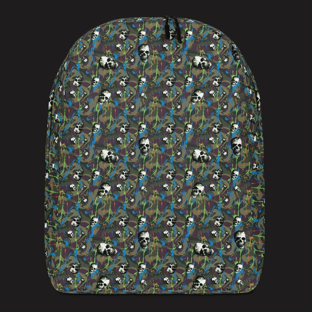 a backpack with a camo and paint and gritty skulls pattern in green and neon