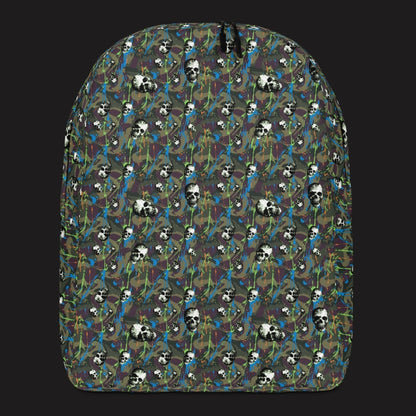 a backpack with a camo and paint and gritty skulls pattern in green and neon