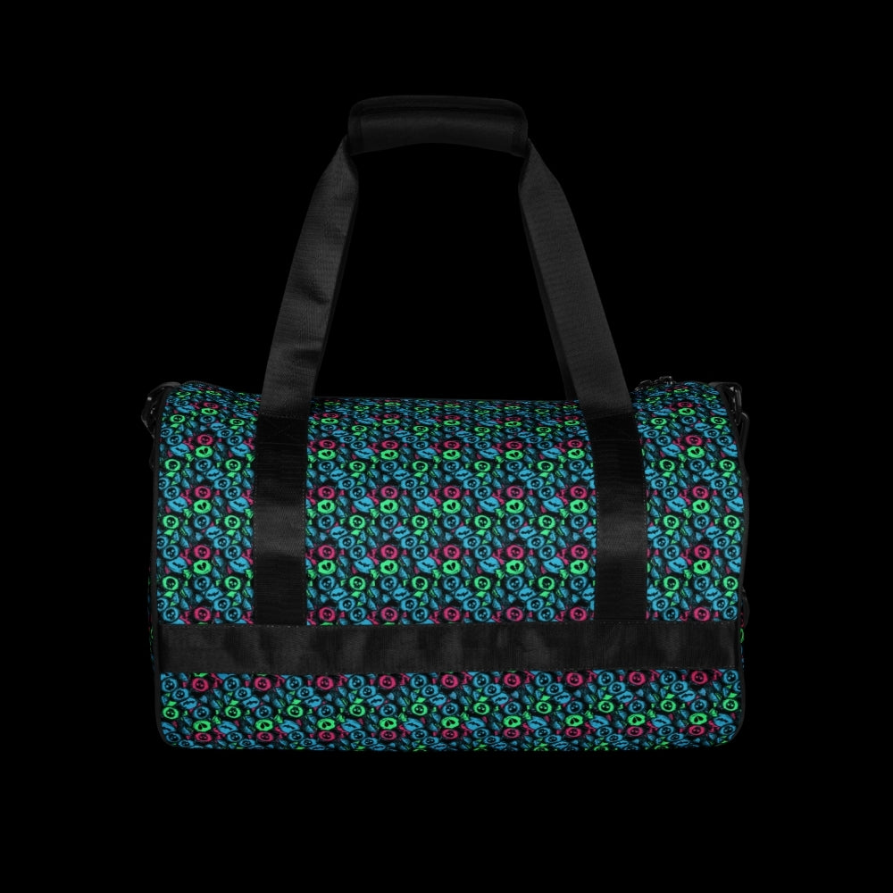 Duffel bag with a skull candy pattern in neon teal green and pink shades