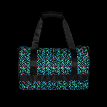 Duffel bag with a skull candy pattern in neon teal green and pink shades