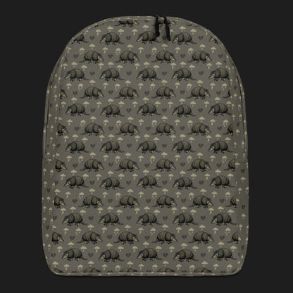 an emo armadillo patterned backpack with broken hearts and storm clouds in brownish grey