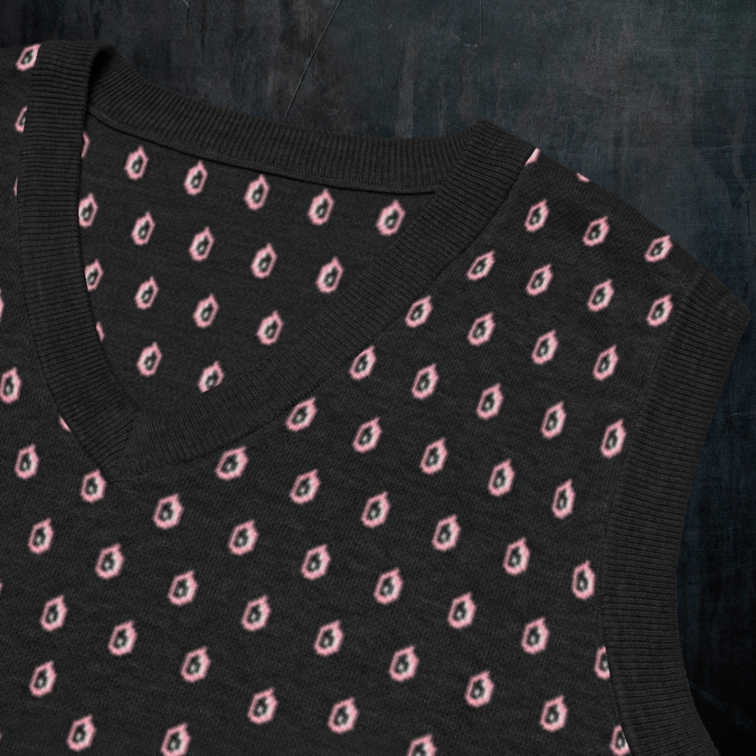 a black knitted vest with crying pink flowers and droplets