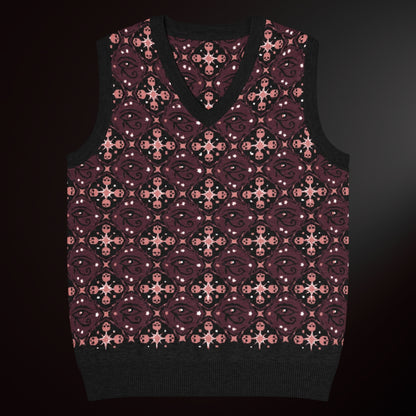 A knit vest with a mysterious eye and skulls pattern in burgundy and pink