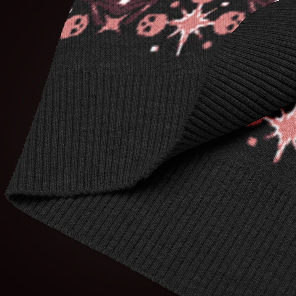 A knit vest with a mysterious eye and skulls pattern in burgundy and pink