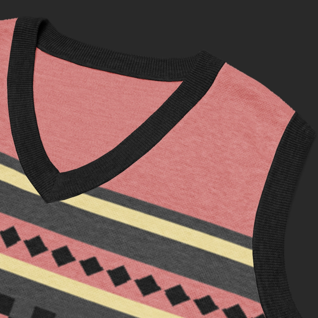 An alt style knitted vest with an irregular unexpected pattern and cool color combination of pink, charcoal and cream